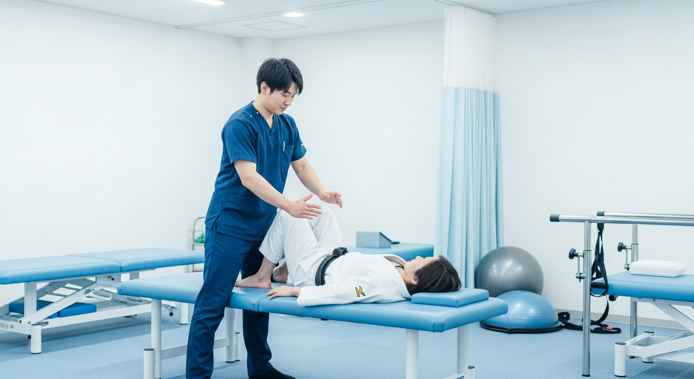 整形外科のリハビリ室で患者に物理療法を施す柔道整復師のイメージ
