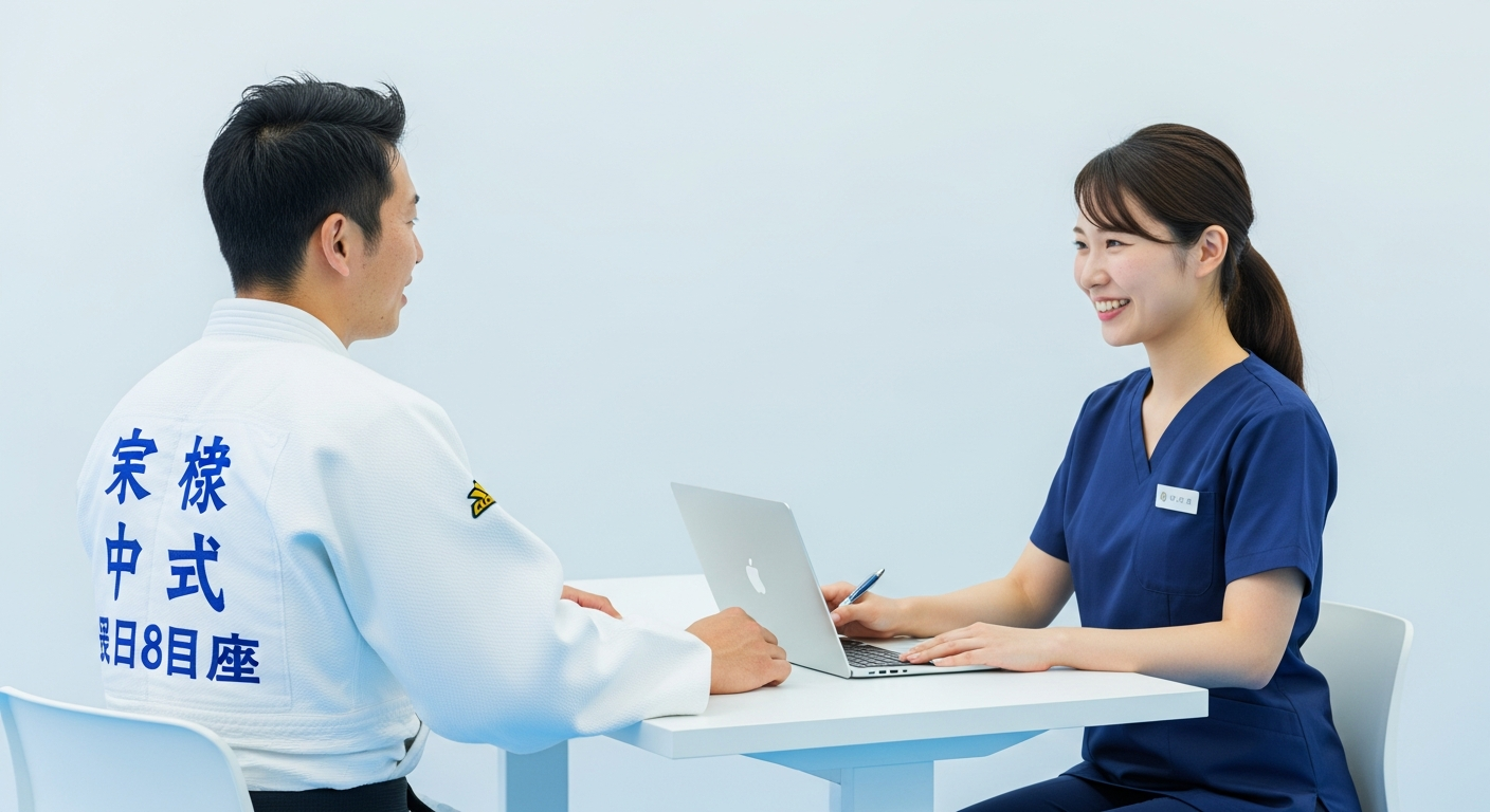 転職エージェントとオンラインで求人相談する柔道整復師のイメージ