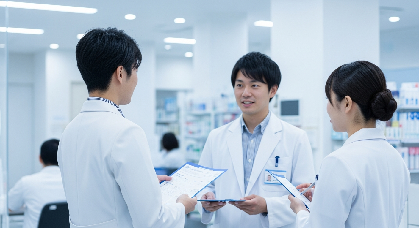 白衣やスーツ姿で医療機関を訪問し、医師・薬剤師に資料を提示するMR（医薬情報担当者）の営業シーン。施術者から医療営業へキャリアが広がるイメージ