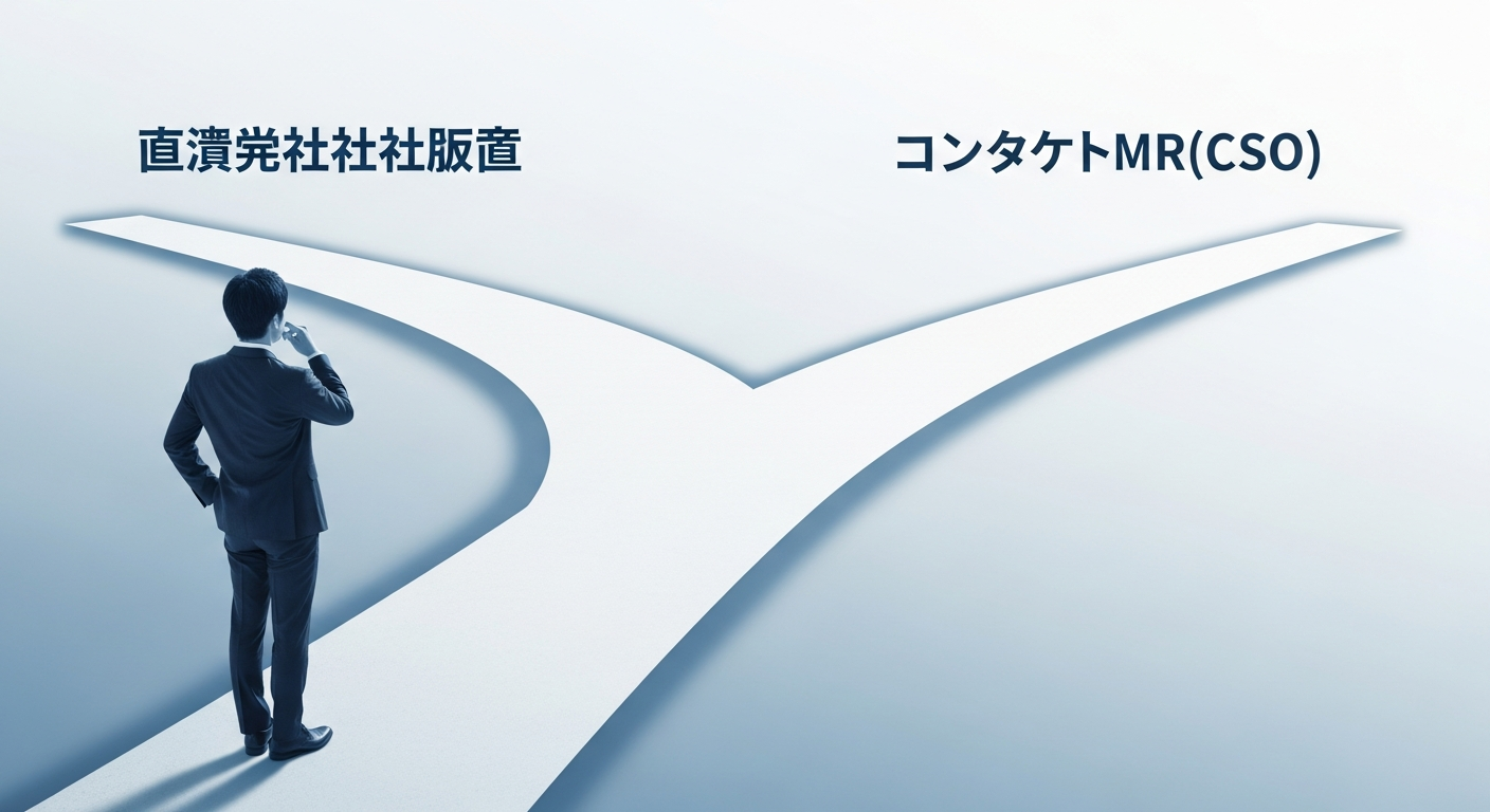 製薬メーカー直接採用とコントラクトMR（CSO）の2つの道を比較する分岐路のイメージ。キャリアの選択肢を検討する元柔道整復師の様子