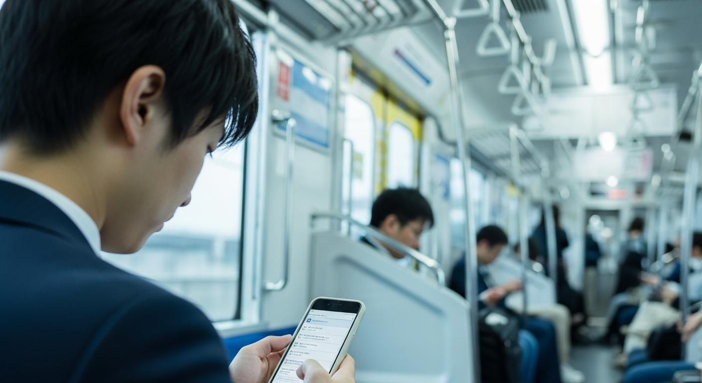 通勤電車の中でスマートフォンを使い、周囲に気づかれないようこっそり治療家向け求人をチェックする若手治療家。在職中の転職活動を静かに進めるイメージ