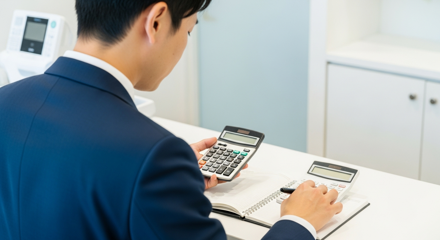 整骨院の受付で月商と家賃・人件費などの経費を電卓やノートで確認し、手元に残る事業所得（年収）を計算している開業院長の柔道整復師。独立後の収入構造を冷静に見極めて
