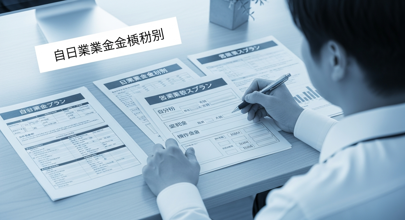 独立開業の資金計画書や事業計画を広げ、自己資金と融資の内訳・運転資金を書き込みながら開業準備を進める柔道整復師。年収800万を見据えて慎重に資金とリスクを設計し