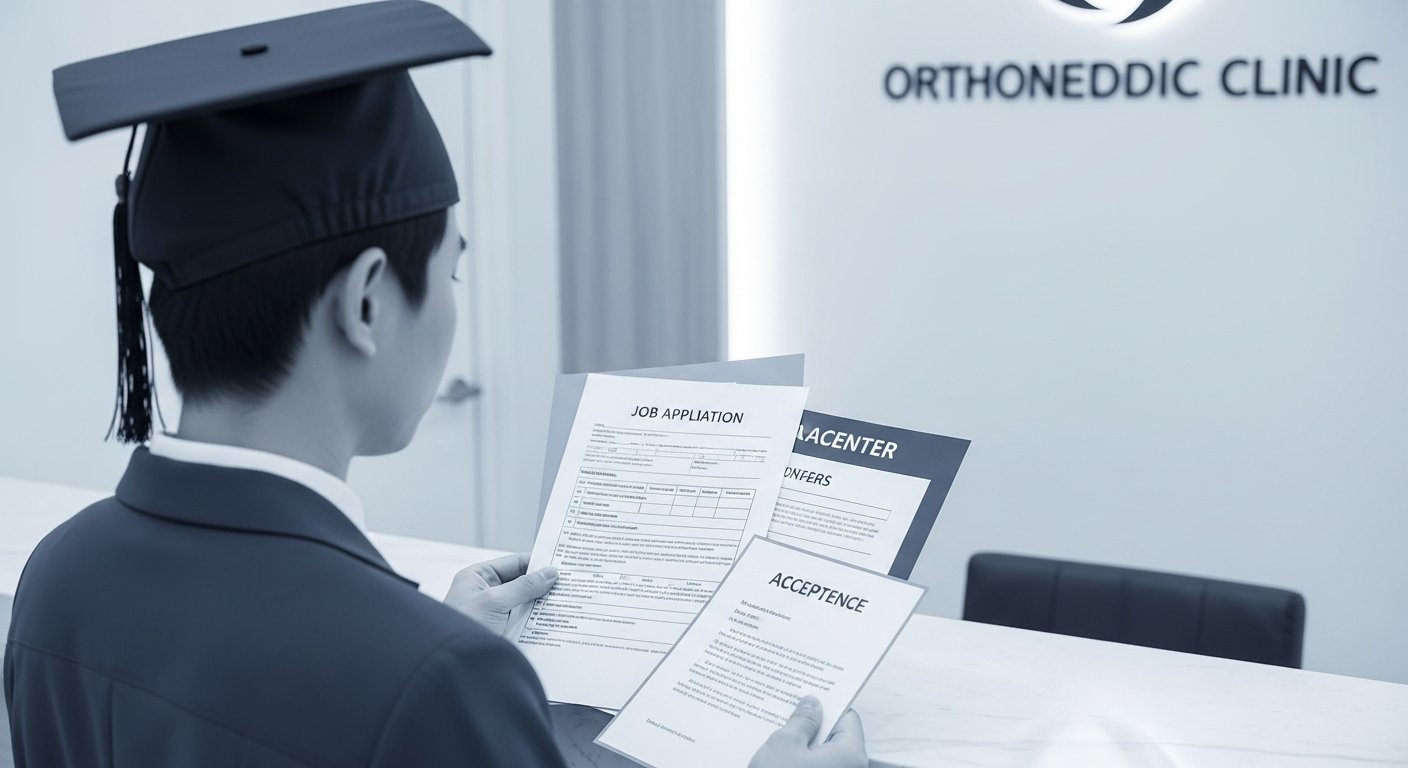 鍼灸院や整形外科で、求人票や内定通知を見比べながら初任給と将来の昇給について考える新卒の鍼灸師。国家資格を取得して最初の職場を選ぼうとする前向きな表情のイメージ