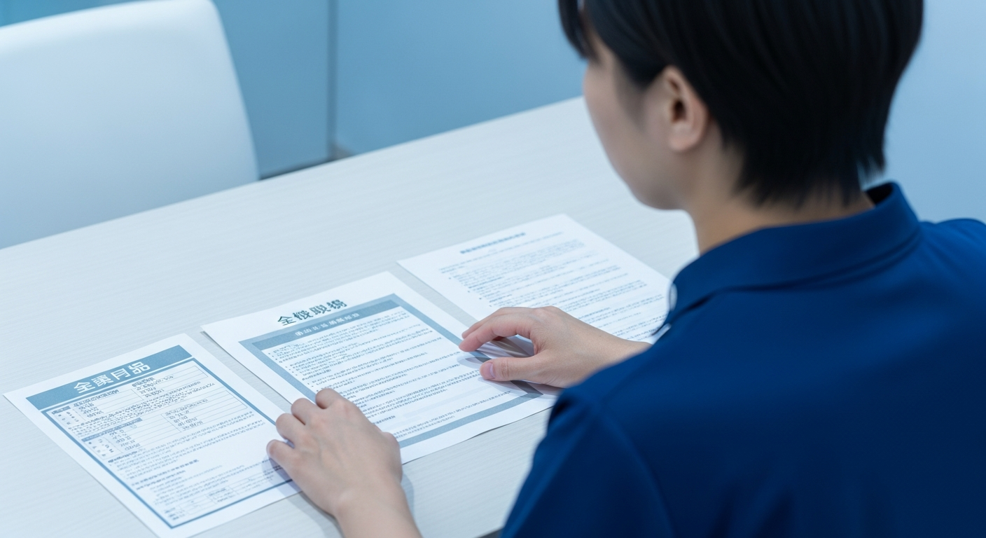 接骨院や整形外科で、求人票や内定通知を見比べながら初任給と将来の年収について考える新卒の柔道整復師。国家資格を取得して最初の職場を選ぼうとする前向きな表情のイメ