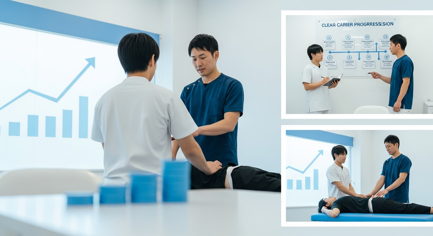 接骨院で患者の施術にあたる若手の柔道整復師と、それを指導する院長・先輩。新卒が研修やキャリアパスのある職場で経験を積み、将来の年収アップにつなげていくイメージ