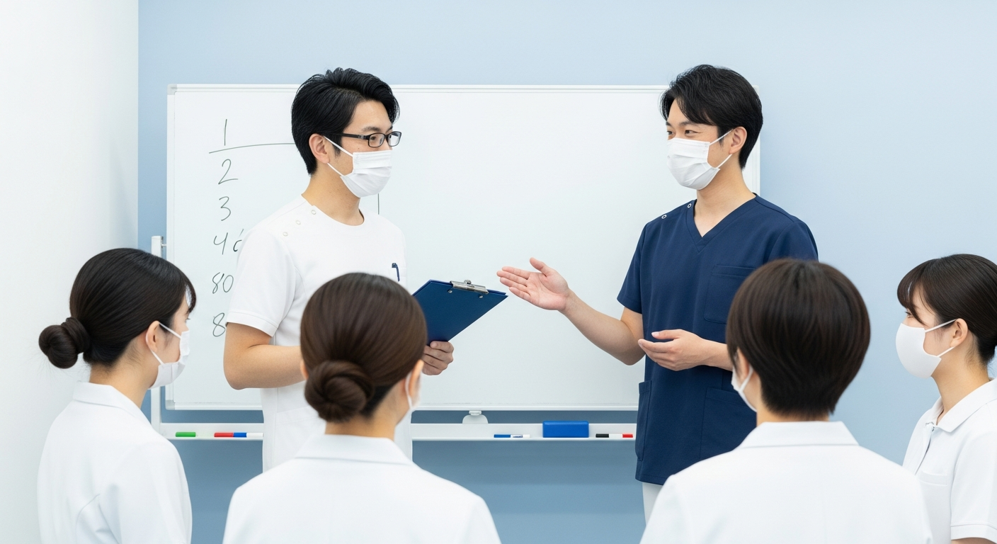 整骨院のミーティングルームでスタッフ数名に指示を出すマネージャー職の治療家。ホワイトボードに数字が書かれており、数値管理・チームマネジメントの雰囲気