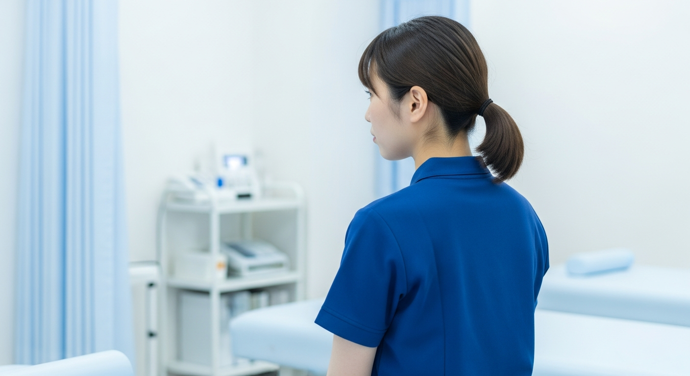 整骨院の施術室で、施術の合間にライフプランや働き方について考え込む若手の女性柔道整復師。結婚・出産後のキャリアへの不安と前向きな決意が入り混じった表情のイメージ