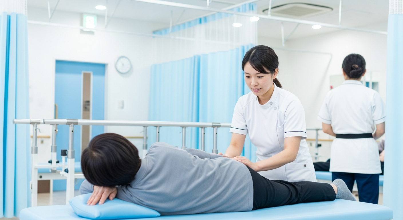 デイサービスの明るい施設内で柔道整復師が高齢者に個別リハビリを行っている風景