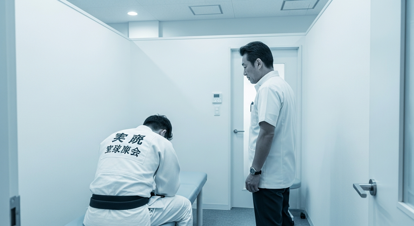 少人数で閉鎖的な整骨院の施術スペースで、院長から閉院後に長時間叱責され、逃げ場のない空間でうつむき疲弊している20〜30代の柔道整復師。院長の影響力が絶大で相談