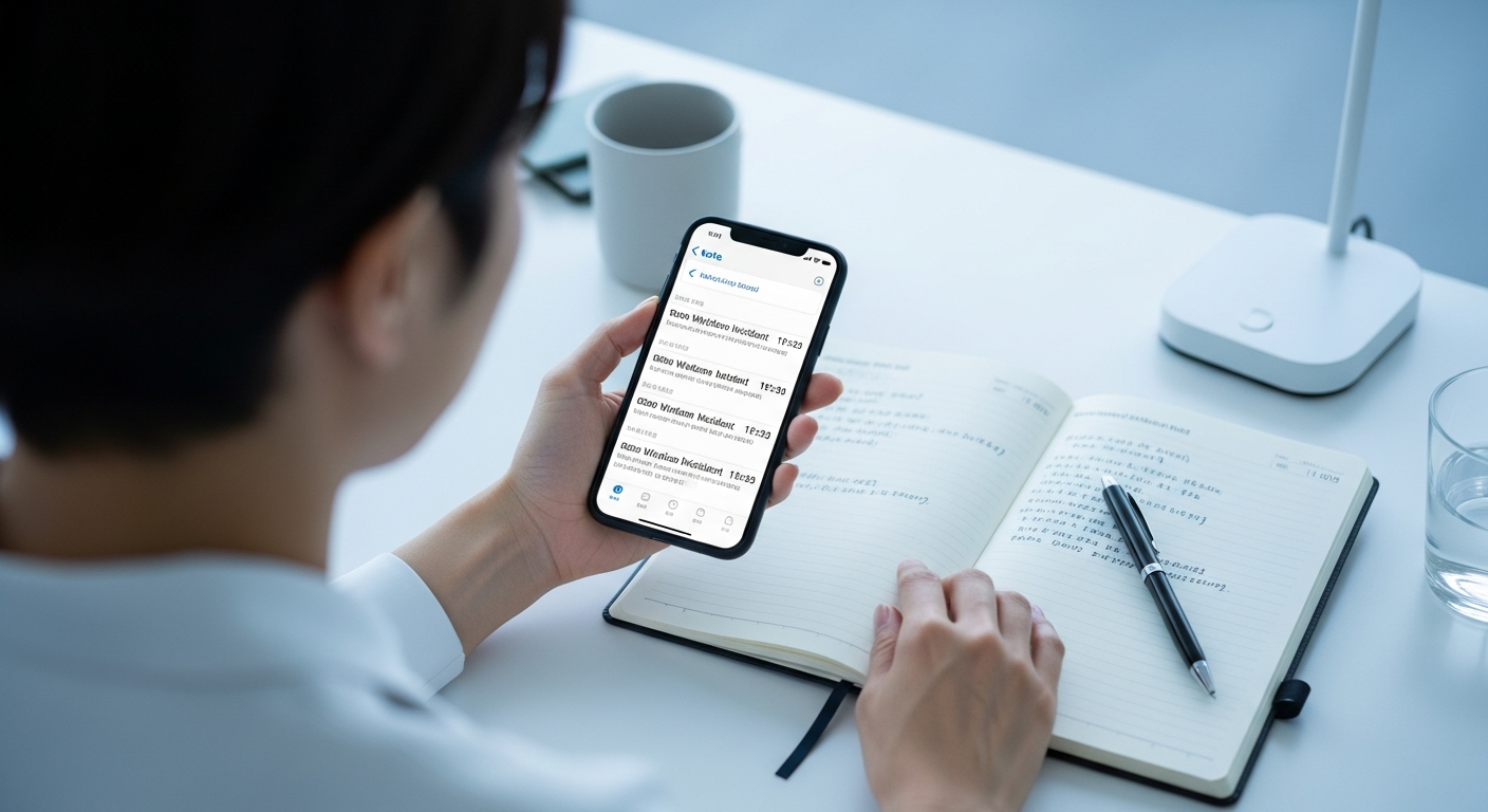 パワハラを受けた事実を冷静にスマートフォンのメモや手帳に日時とともに記録し、感情的にならず証拠を残しながら次の行動を準備している治療家。我慢ではなく記録と相談で