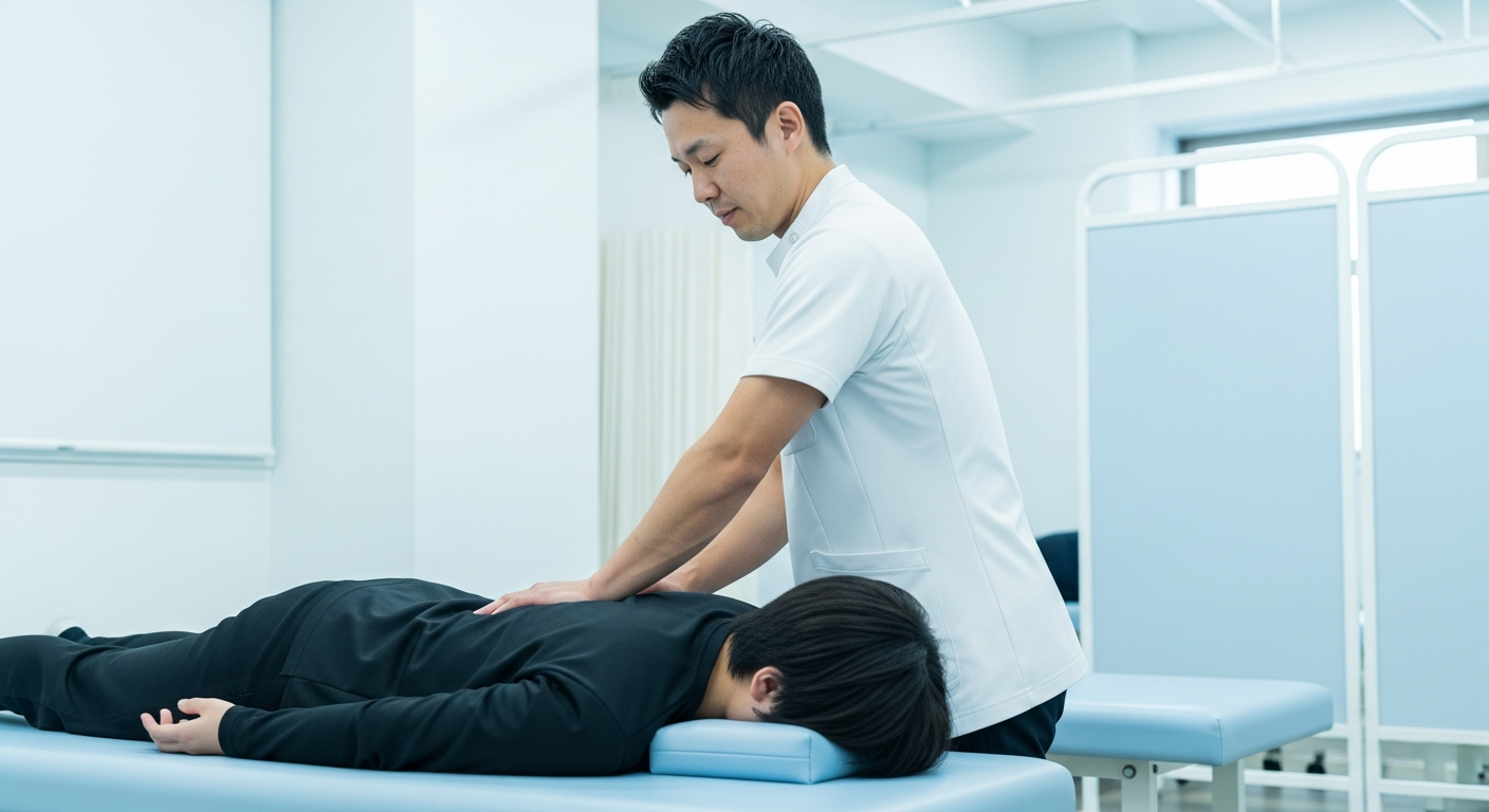 整形外科クリニックのリハビリ室で患者さんに物理療法を施す柔道整復師のイメージ