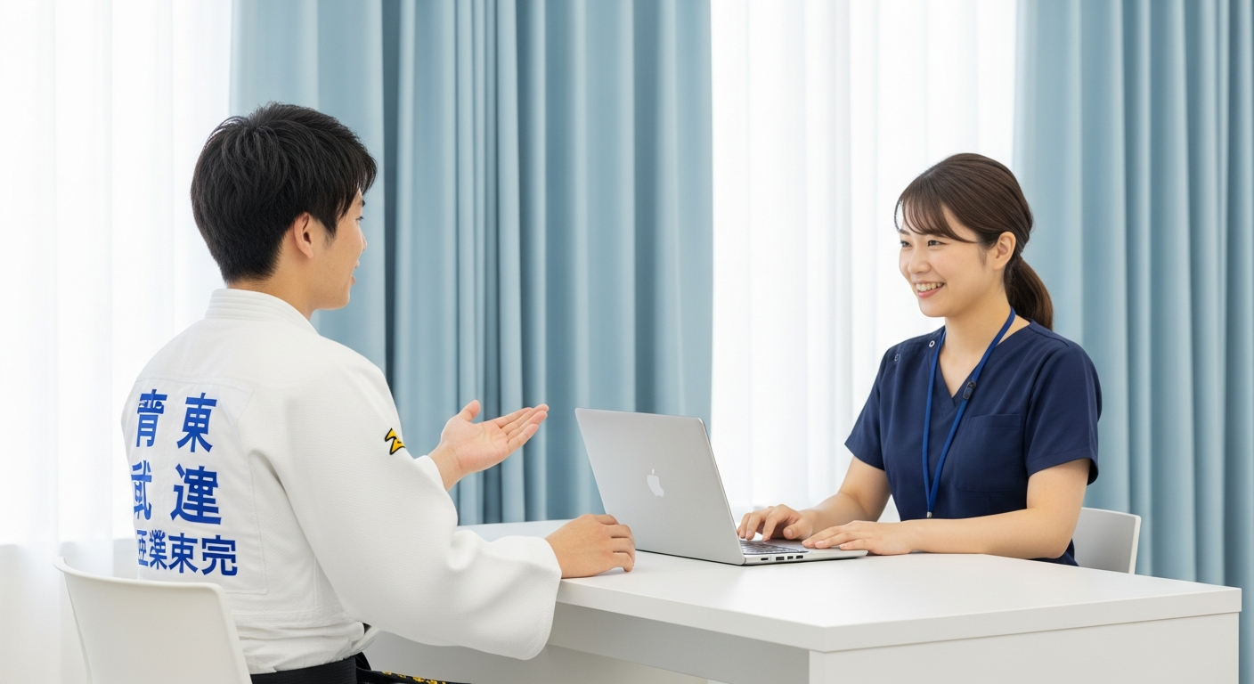 転職エージェントとオンラインで求人相談をしている柔道整復師のイメージ