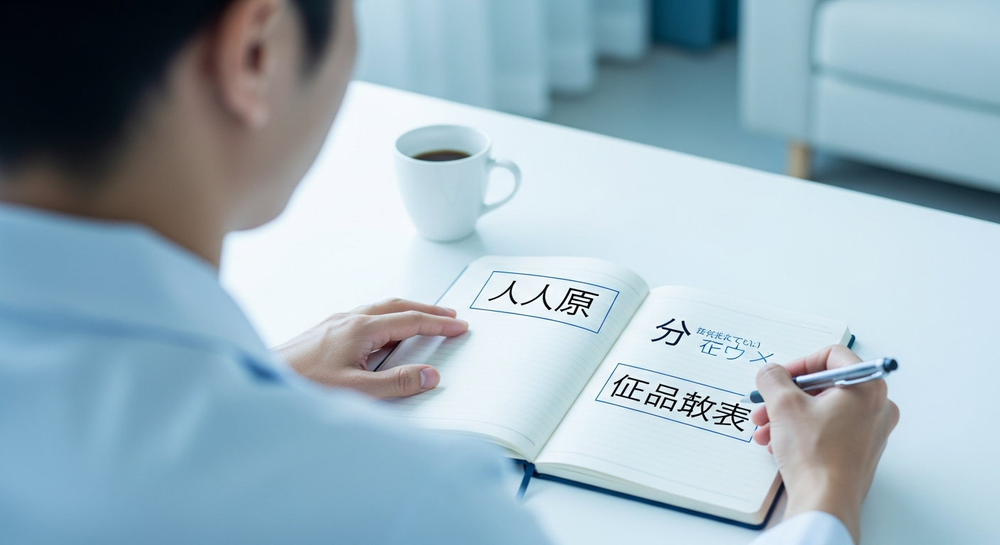 休日に自宅で十分に睡眠と休息を取り、手帳に『自分の不調の原因』と『職場の問題』を書き出して冷静に切り分けている治療家。我慢して走り続けるのではなく、いったん休ん