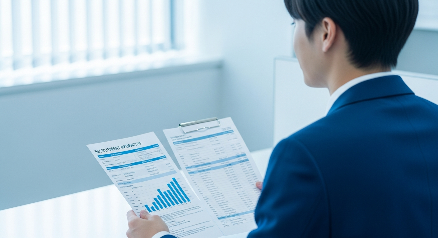 マッサージ院や治療院で、求人情報や給与明細を見ながら自分の年収と将来性について考える若手のあん摩マッサージ指圧師。働く領域を選び直そうとする前向きな表情のイメー