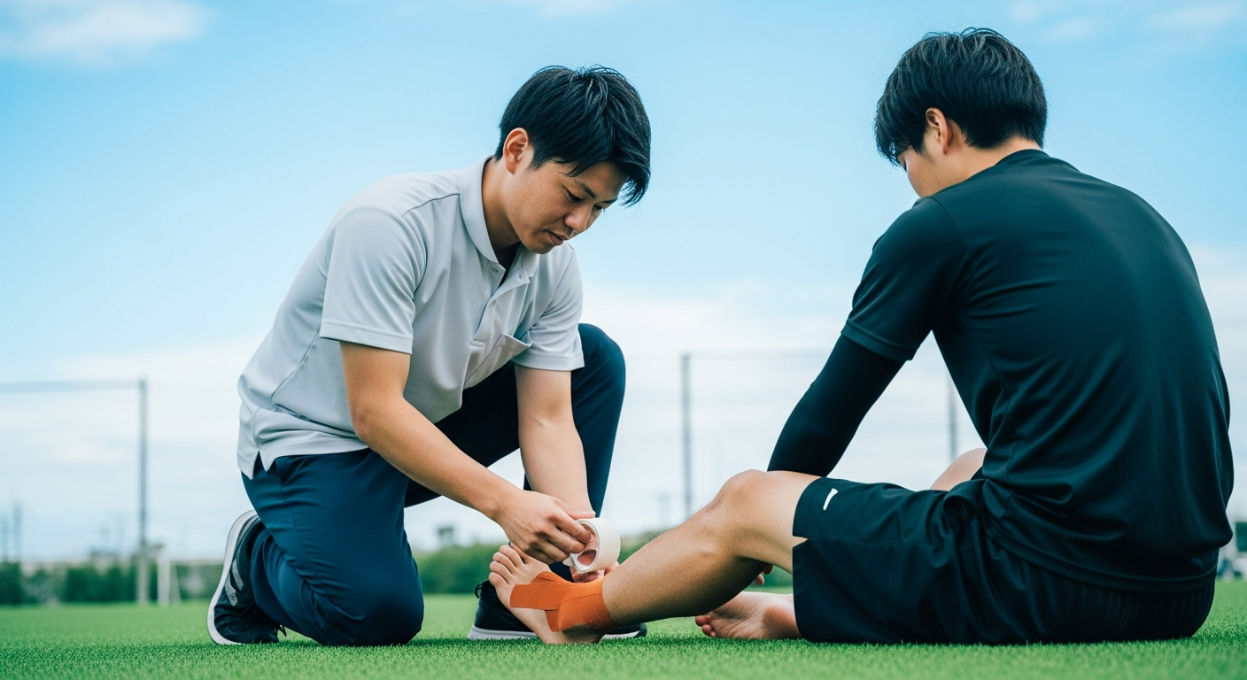 グリーンの天然芝のスポーツフィールドで、選手のコンディショニングを確認しながら丁寧にテーピングをする専門トレーナー。選手との信頼関係と専門性が伝わるような真剣な