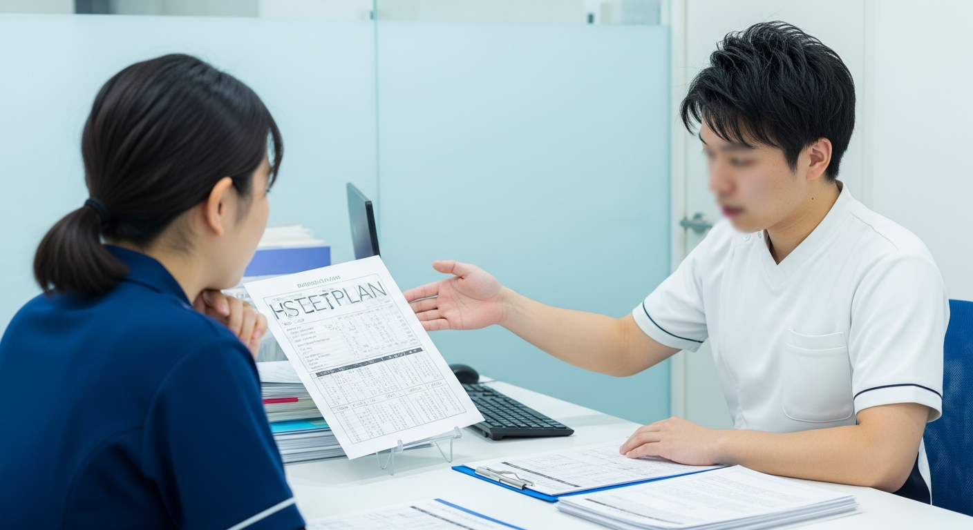 整骨院のバックヤードで、担当患者の治療計画やカルテを整理しながら後輩スタッフに引き継ぎ説明をする若手治療家の様子。退職前の業務引き継ぎを丁寧に進めているイメージ