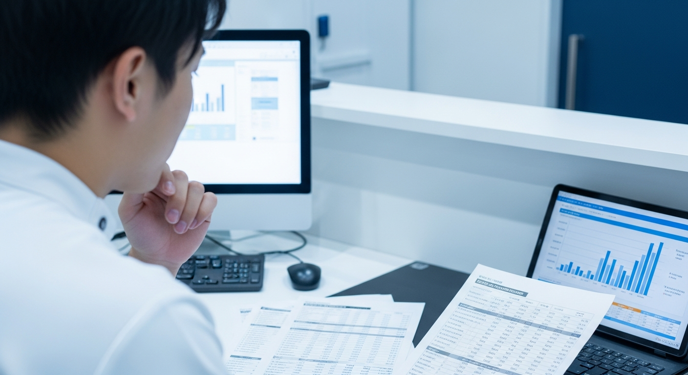 整骨院の受付やバックヤードで、給与明細や年代別の年収データを見比べながら、自分の年収のこれからを考える20代〜30代の男性柔道整復師。年齢を重ねた先の働き方を見
