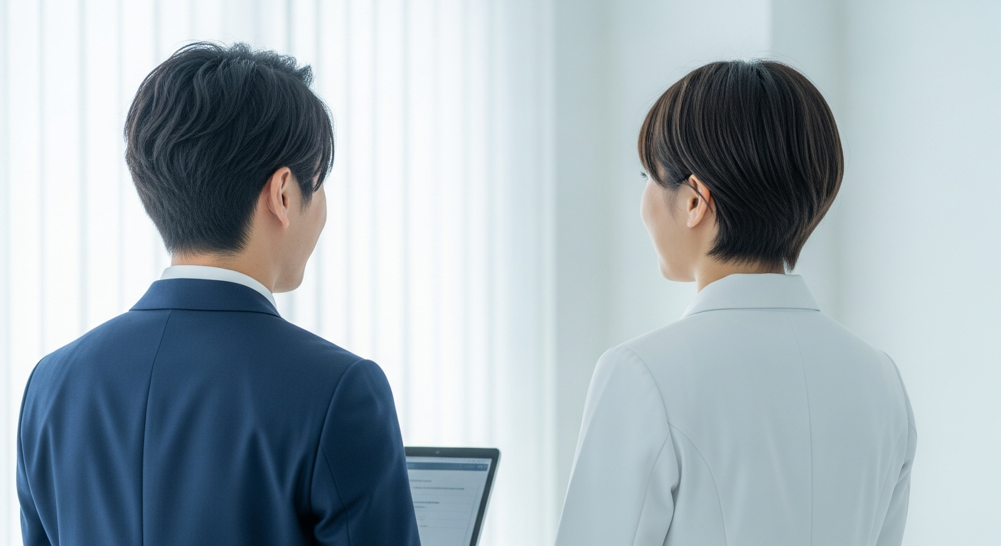 病院の廊下で看護師と話している看護助手(医療ユニフォーム)のイメージ