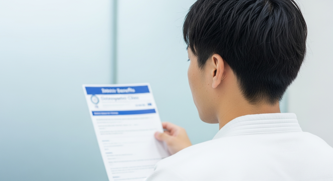 整骨院の求人票の福利厚生欄を確認する柔道整復師のイメージ