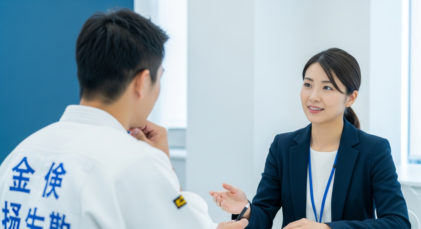 転職エージェントに社会保険完備の求人条件を相談する柔道整復師のイメージ