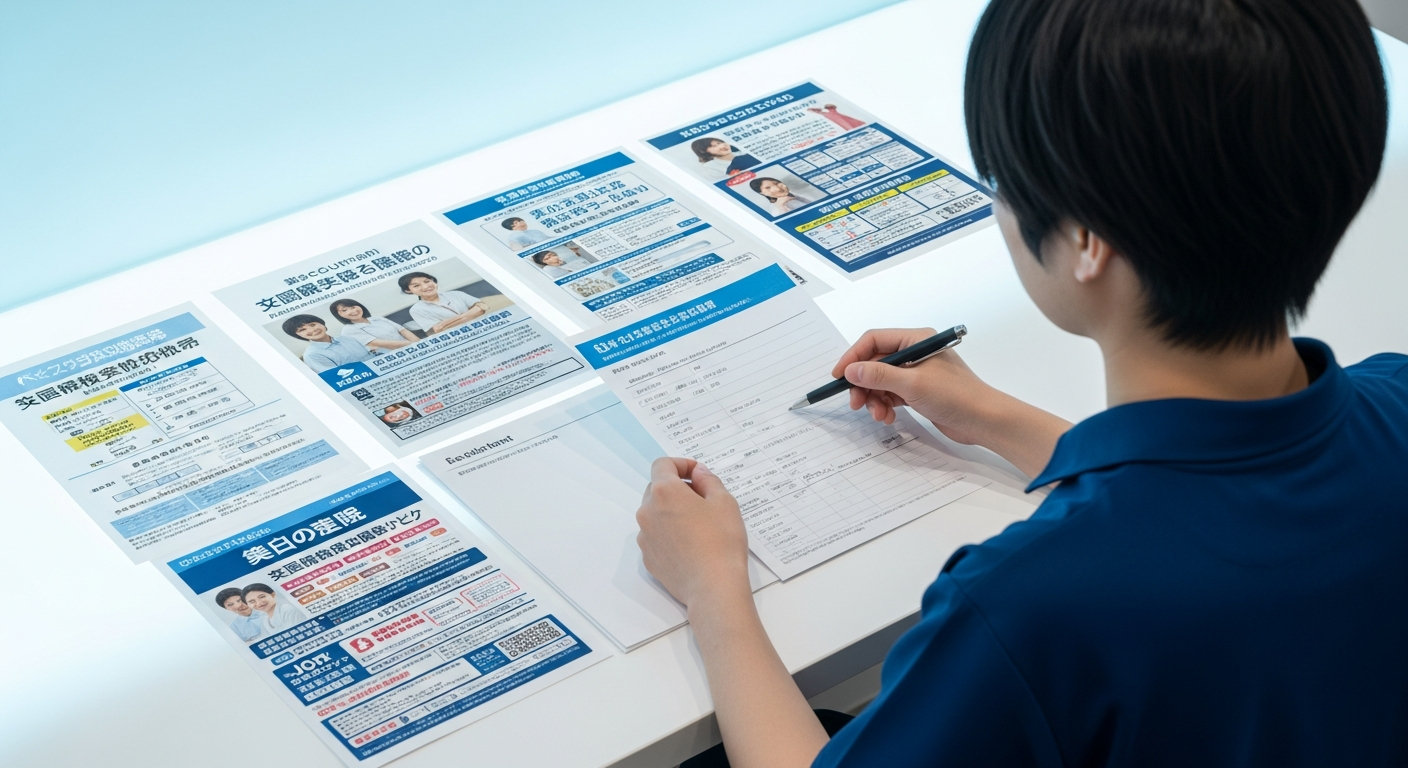 鍼灸院・美容鍼サロン・介護施設・スポーツ現場・企業など複数の転職先の選択肢を、求人情報やノートを広げて比較検討している第二新卒の鍼灸師。自分に合うキャリアルート