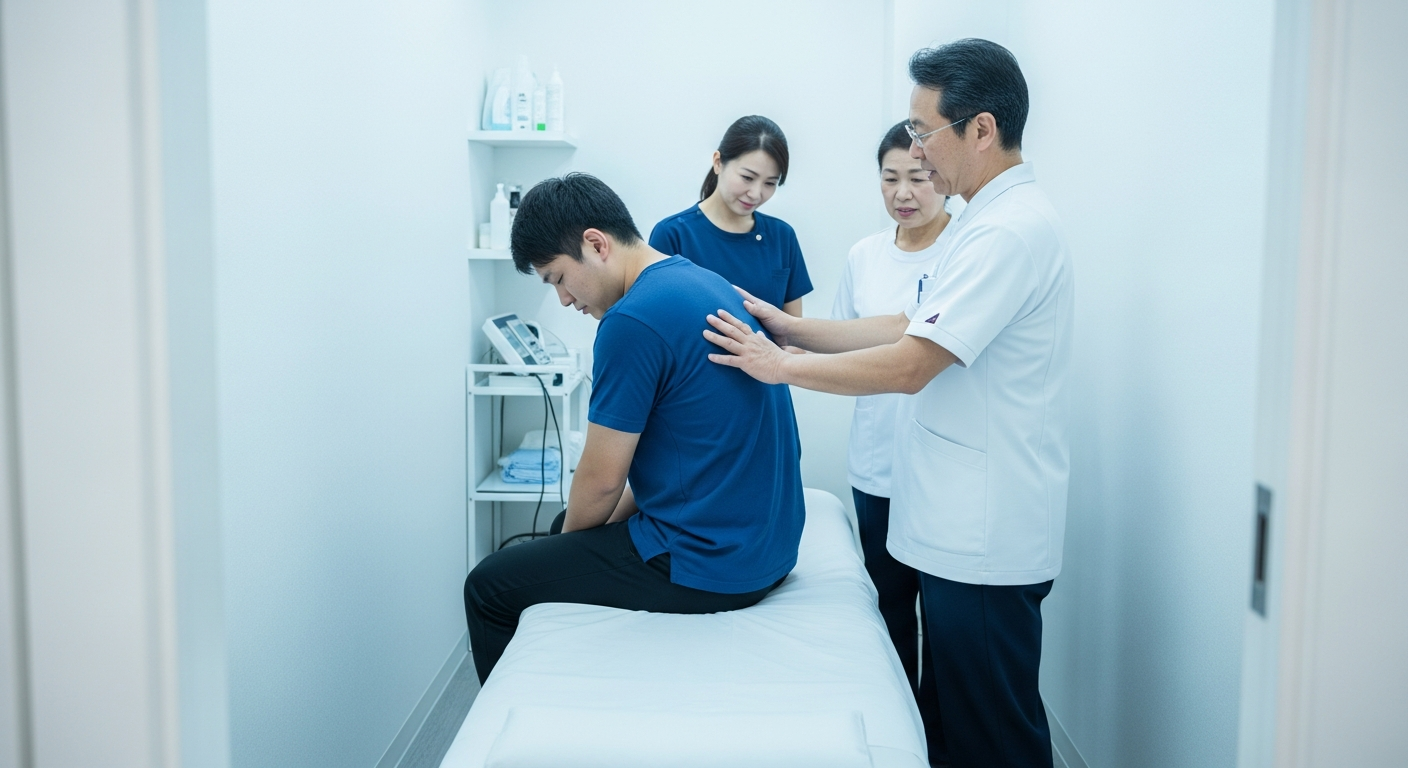 少人数で閉鎖的な整骨院の施術スペースで、院長や先輩スタッフとの距離の近さに気疲れし、人間関係に悩んでいる20〜30代の治療家。逃げ場のない狭い職場の空気感が伝わ