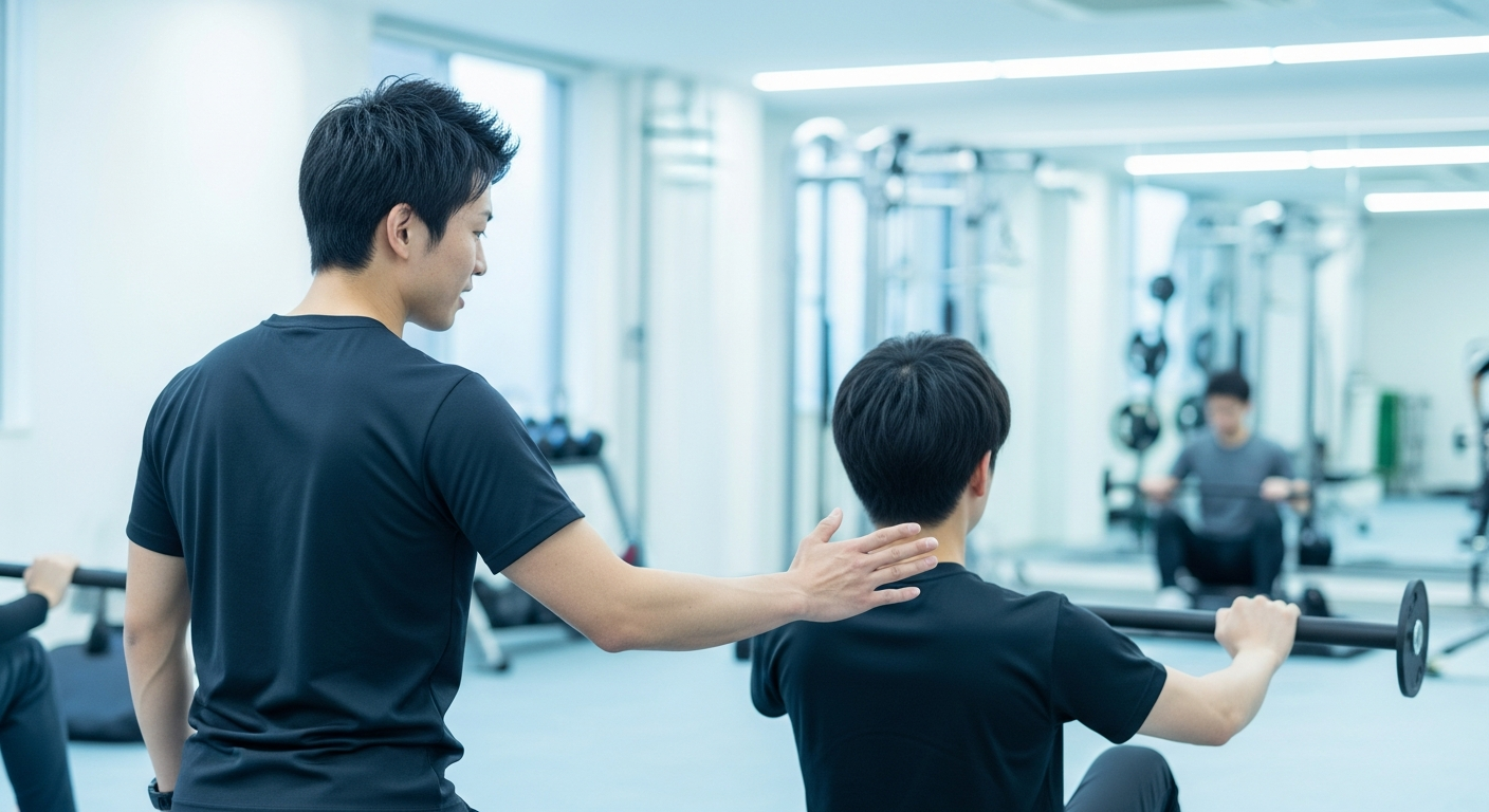 スポーツジムのフロアで利用者にトレーニング指導をする治療家系トレーナーのイメージ